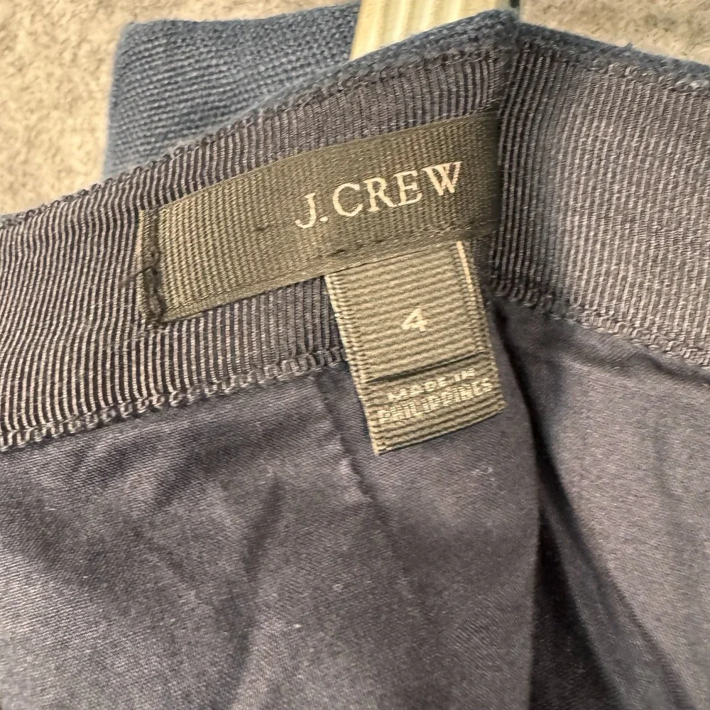 J Crew Linen Pencil Knee Skirt Size 4 Navy Blue Ric-Rac Trim Twee Preppy